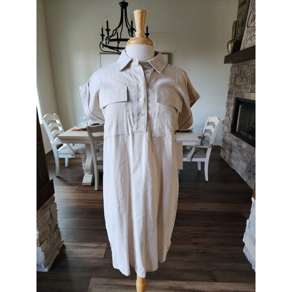 Calvin Klein Dresses & Skirts - NWT Calvin Klein Linen Blend Shirt Dress Tan Size 8 Button Front Pocketed Casual